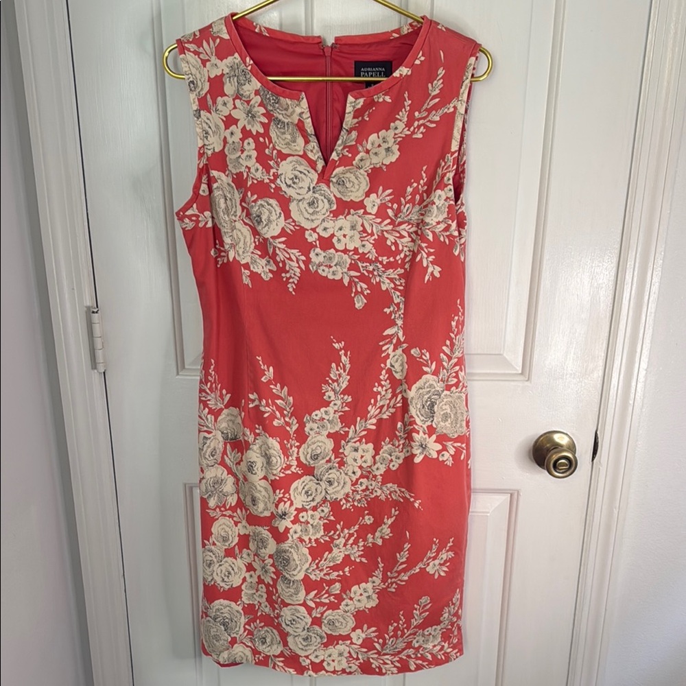 Adrianna Papell Cream, Coral Black Sheath Midi Dress, Versatile Casual or Dress